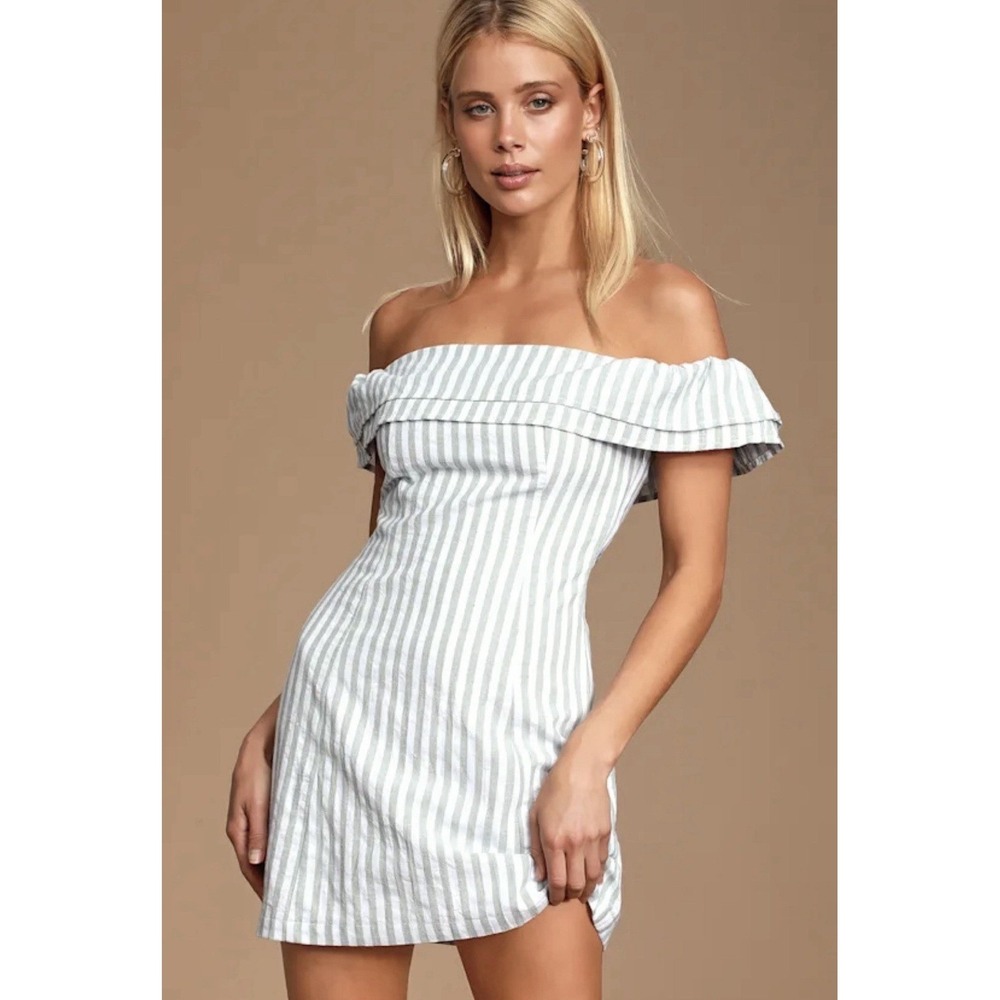 NWT Lulus Striped Off the Shoulder Mini Dress Sage Green‎ White Cotton XL